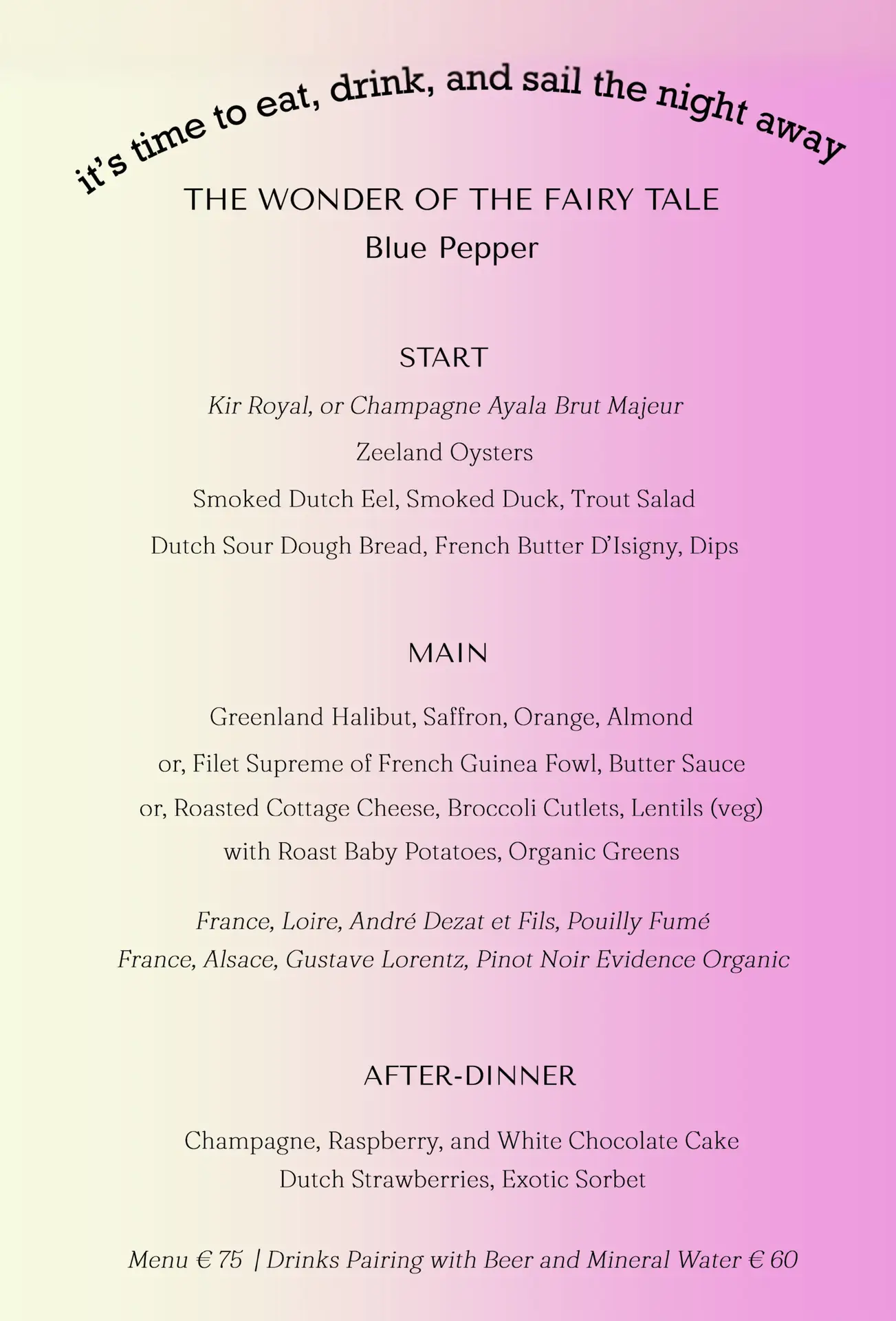 Blue Pepper Recent Dinner Cruise Menus